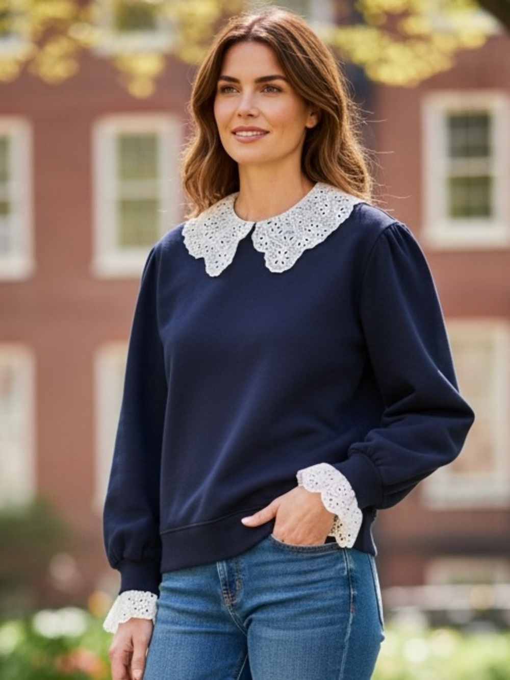 NWT J.Crew Lace Collar Crewneck Sweatshirt Sz M Coastal Feminine Preppy